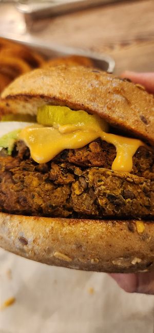 Lentil and Mushroom Double Burgee with Whole Wheat Bun, Cashew Cheese, Onions, Pickels and Avocado at Turf Surf & Earth in Somerville