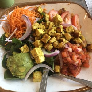 Sautéed tofu over rice and greens  at Turf Surf & Earth in Somerville