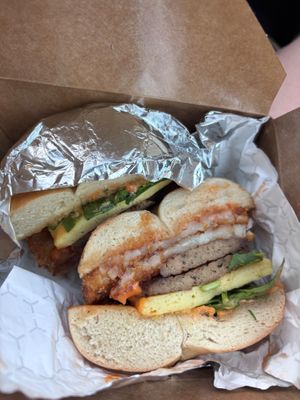 Swapped out multigrain bread for a bagel at Turf Surf & Earth in Somerville