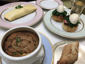 Onion soup, Omelette and Eggs Benedict  at Ladurée in Beverly Hills