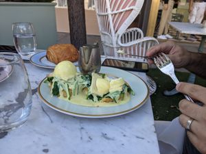 Eggs Benedict with hollandaise sauce at Ladurée in Beverly Hills
