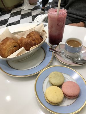 Strawberry latte, macaroons, croissants  at Ladurée in Beverly Hills