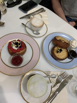 Capuccino, Matcha Latte, French Laduree and classic toast at Ladurée in Beverly Hills