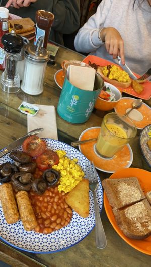Vegan breakfast , I had extra mushrooms also pictured tofu scramble on toast   at Scoff Troff Cafe in St Ives