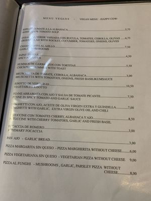 Vegan menu at Portobello in Lanzarote