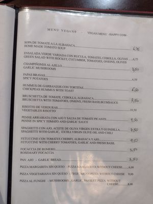 Vegan menu on 1/11/22 at Portobello in Lanzarote