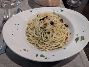 Spaghetti with olive oil, garlic and chilli at Portobello in Lanzarote