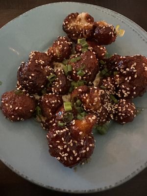 Kung Pow Cauliflower over hummus  at Prohibition Kitchen in Port Jefferson