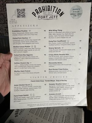 Menu - April 6, 2024 (were told they will be changing it for the summer)    at Prohibition Kitchen in Port Jefferson