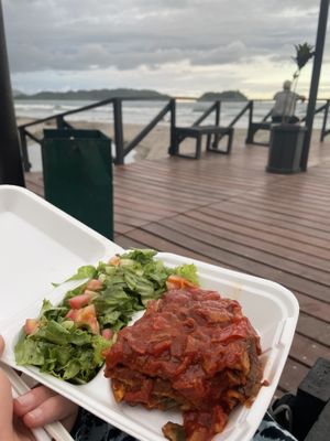 Veggie lasagna and green salad at Pico Feliz in Samara