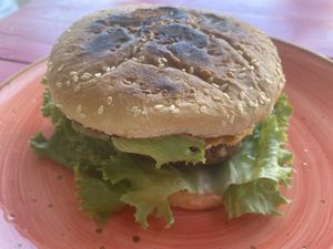 Vegan cheeseburger - all homemade and fabulous   at Pico Feliz in Samara