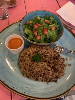 Gallo pinto with fried eggplant and salad at Pico Feliz in Samara