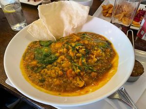 Curry, rice underneath at Abbey Tavern in Howth