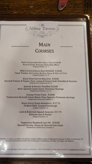 Menu Jan 2024 at Abbey Tavern in Howth