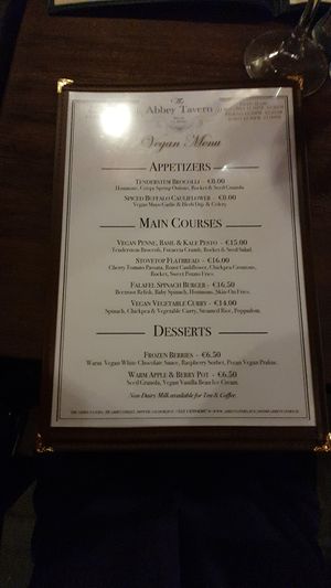The vegan menu! at Abbey Tavern in Howth