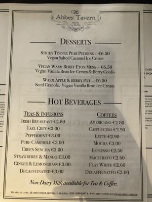 Menu at Abbey Tavern in Howth