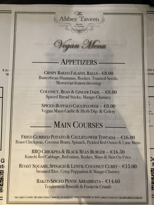 Menu at Abbey Tavern in Howth