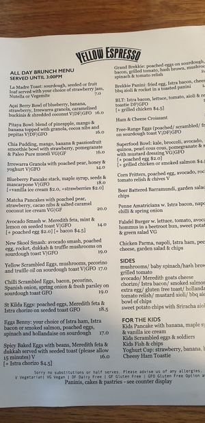 Food menu, VG is vegan at Yellow Espresso in Ballarat
