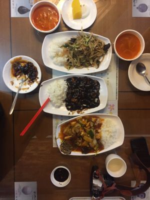 Free soup, japchae w rice, blackbean sauce and veg, sweet and sour veg at Jin Mi - 진미 in Jeonju