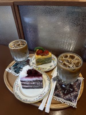 Café Latte, Raspberry cake and Basil cake~  at Cafe La Moire in Jeonju