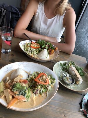Right: spring roll with tofu and veggies; her meal:  seitan, my meal: tofu, both with veggies, salad, rice and peanutsauce at Unami in Teltow