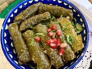 Vegan stuffed grape leaves (with pomegranate seeds as garnish)  at Izz Cafe in Cork