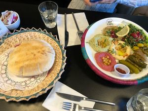 Tasters mix: great hummus sald and baba ganush. Suitable for two! at Izz Cafe in Cork