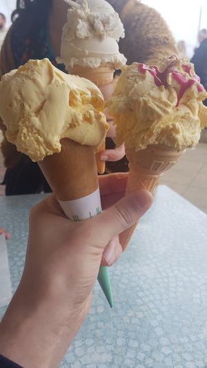 Vegan peach ice cream with raspberry sauce at Minchella & Co - Sea Road in South Shields