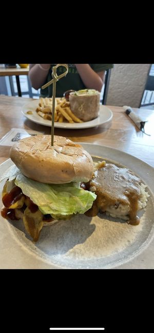 Giddy up burger with mashed potatoes   at Tasty Harmony in Fort Collins