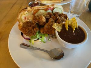 Oyster mushroom po boy with spicy tortilla soup. at Tasty Harmony in Fort Collins