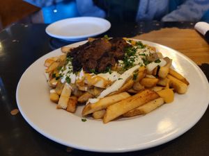Loaded fries with caramelized onions at Tasty Harmony in Fort Collins