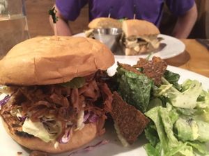 BBQ jackfruit sandwich with Cesar salad at Tasty Harmony in Fort Collins