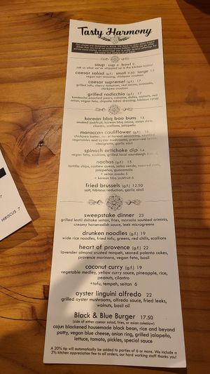 Dinner menu at Tasty Harmony in Fort Collins
