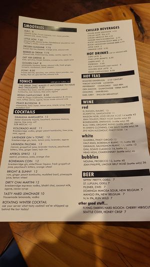 Drink menu at Tasty Harmony in Fort Collins