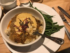 Shepard's Pie with green beans at Tasty Harmony in Fort Collins