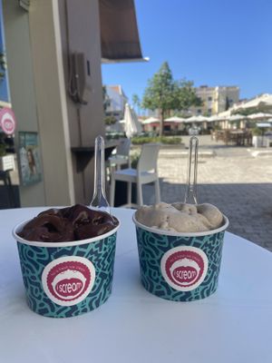 Both vegan:  chilli chocolate and cinnamon cookie ice cream   at I Scream  in Kefalonia