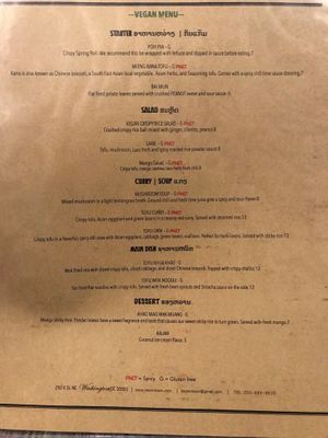 Vegan menu at Laos in Town in Washington