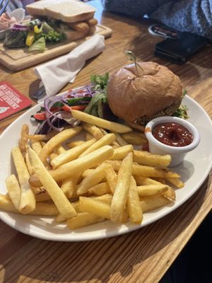 Vegan burger and chips  at Fishermans Return in Great Yarmouth