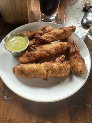 Fried pickles with poblano cucumber sauce    at Rowley Inn in Cleveland