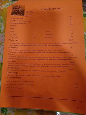 Main menu (there is also a pizza menu) at La Casita in Rarotonga
