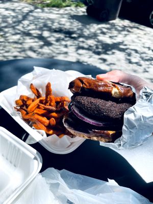 Falafel burger with sweet potato fries at Grandeur in Oakland