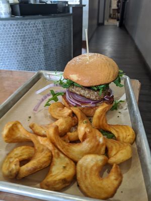 Lamb burger and regular fries at Grandeur in Oakland