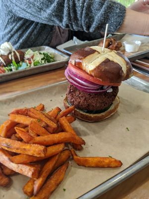 Falafel burger and sweet potato fries at Grandeur in Oakland