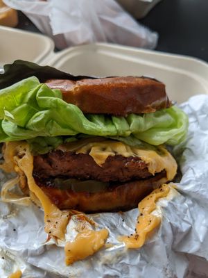 Beyond burger with BBQ sauce and vegan cheddar at Grandeur in Oakland