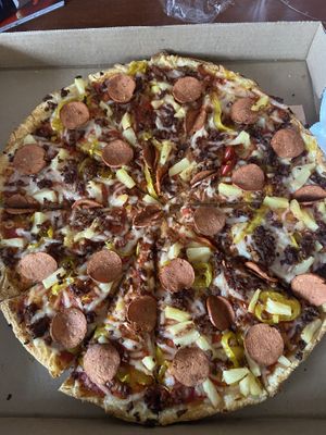 Large pizza with vegan meats  at Rollin' Pizza in St Catharines