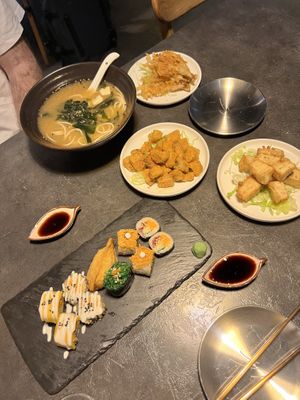 Miso ramen with enoki tempura, sushi platter, popcorn chick’n and crunchy tofu  at Kusa Japanese Vegan- Bukit Bintang in Kuala Lumpur