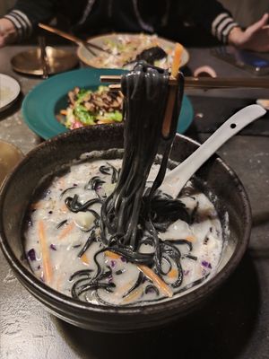 Charcoal noodles oat milk soup at Kusa Japanese Vegan- Bukit Bintang in Kuala Lumpur