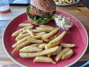 Vegi burger on a glutenfree bun at The Donkey Sanctuary in Sidmouth