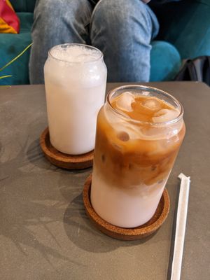 Iced almond lychee and oat milk iced pink banana latte at Ngopi in Birmingham