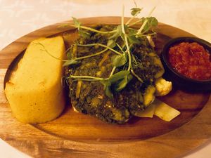 Green steak with fresh BBQ sauce and polenta cake. Yummy!!! at Tre Lyktor in Trelleborg